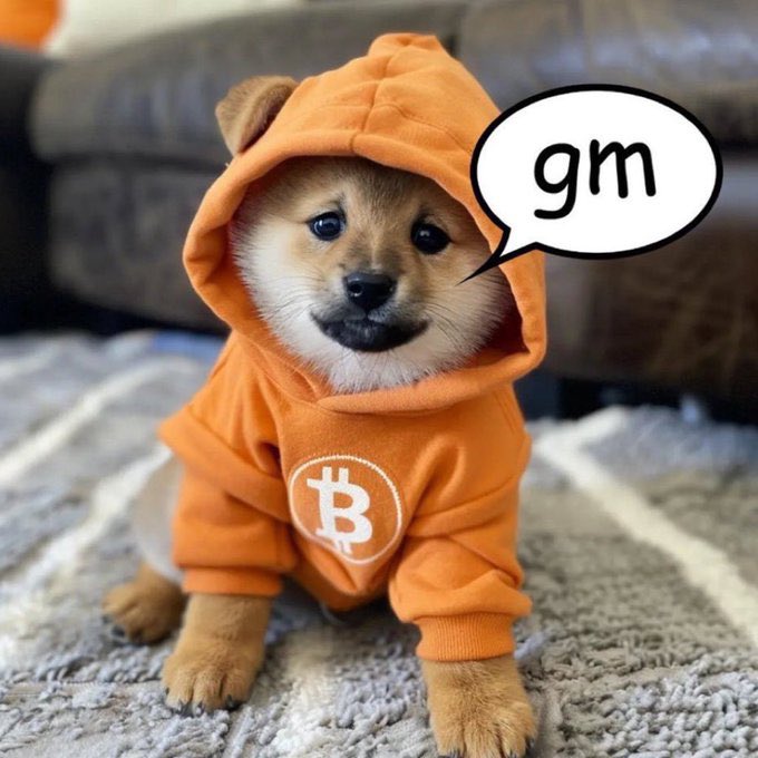 $DOG, wrapped in an iconic orange Bitcoin hoodie, kicks off the day with a bold "gm," radiating unstoppable Bitcoin energy and meme-fueled dominance across the crypto world.