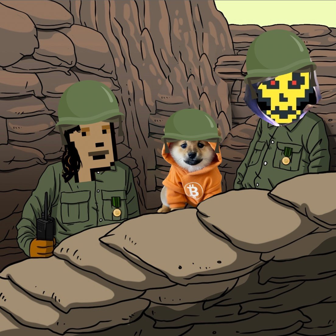 $DOG stands firm with pixelated legends, helmets on, orange armor zipped. The memewar rages, but Bitcoin soldiers don’t flinch — they HODL.