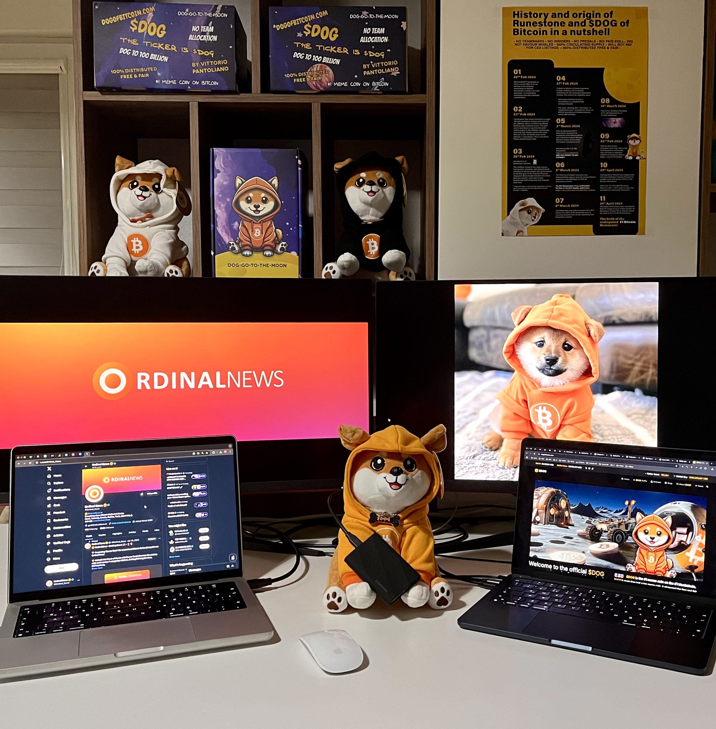 Multiple screens, plush nodes, and orange-hooded legends on standby—$DOG runs ops from mission control. No team allocation, just pure memetic decentralization.