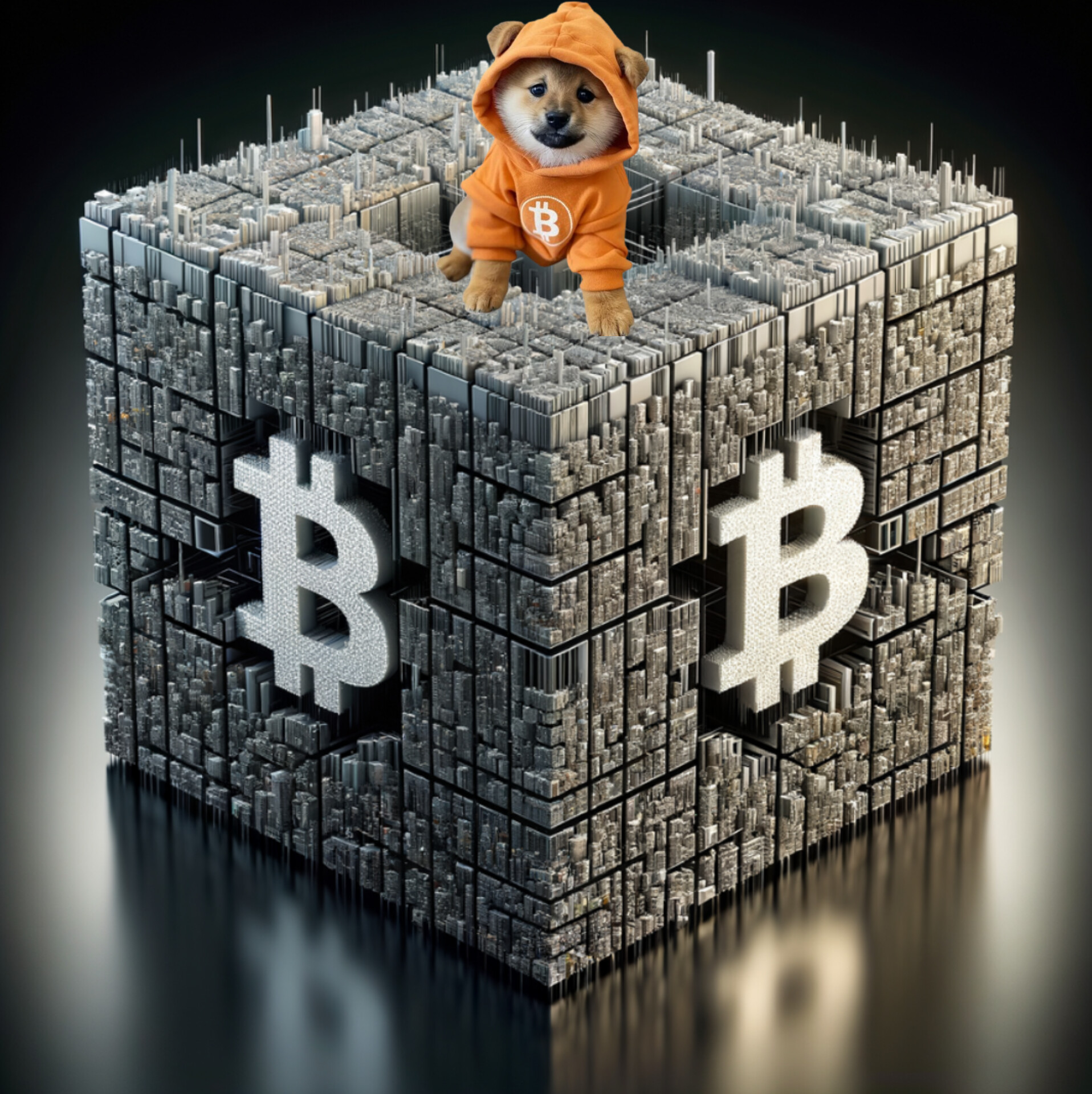 Sitting high on the most cryptographically dense cube in the memeverse, $DOG oversees the sat-stack skyline. Proof-of-work below, pure meme power above.
