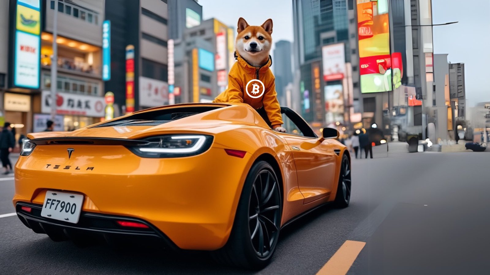 DOG pops out the Tesla like a Bitcoin boss, orange on orange with laser focus. Sats stacked, markets wrecked, Tokyo just witnessed pure BTC dominance.
