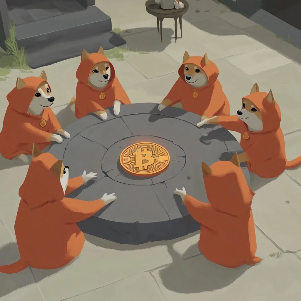Six orange-hooded validators in memecoin formation—no forks, just flames. This is where Bitcoin DeFi gets summoned and Runes get blessed. $DOG doesn’t follow consensus. It carves it into stone with meme magic.