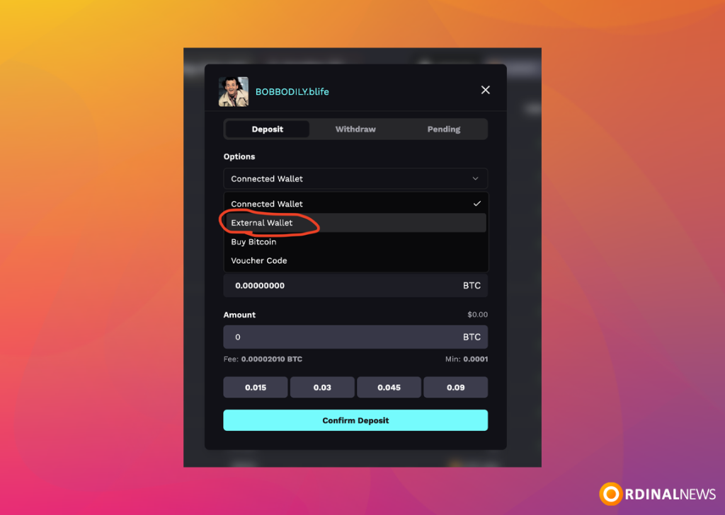 Choose ‘Deposit’ and then select ‘External Wallet’ from the options.