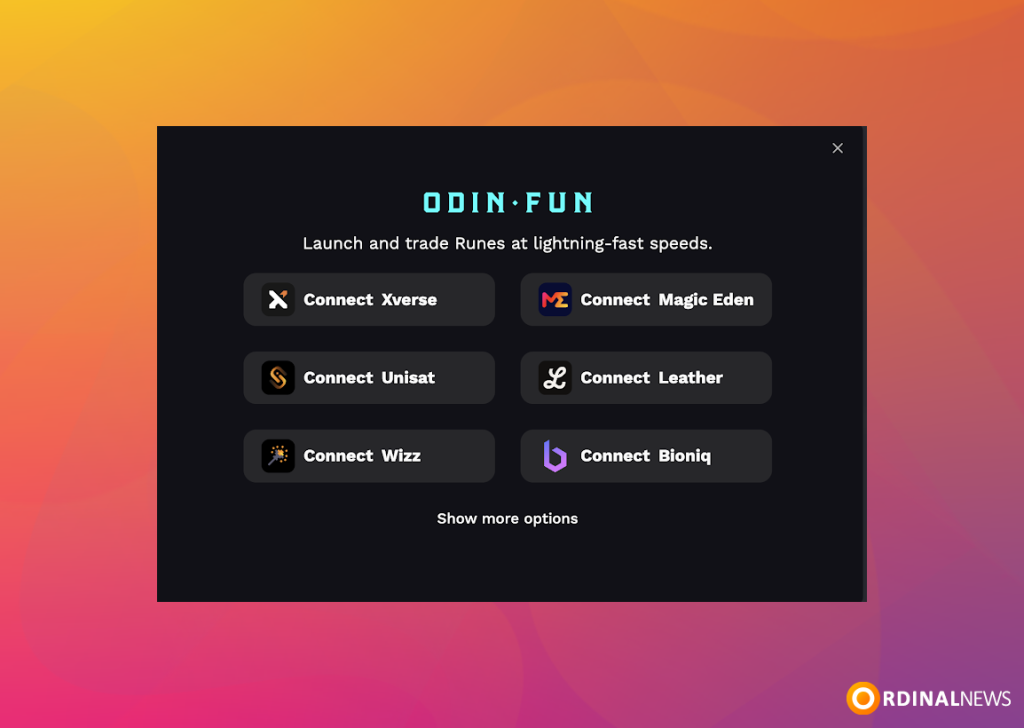 Connect your preferred Bitcoin wallet to ODIN.FUN