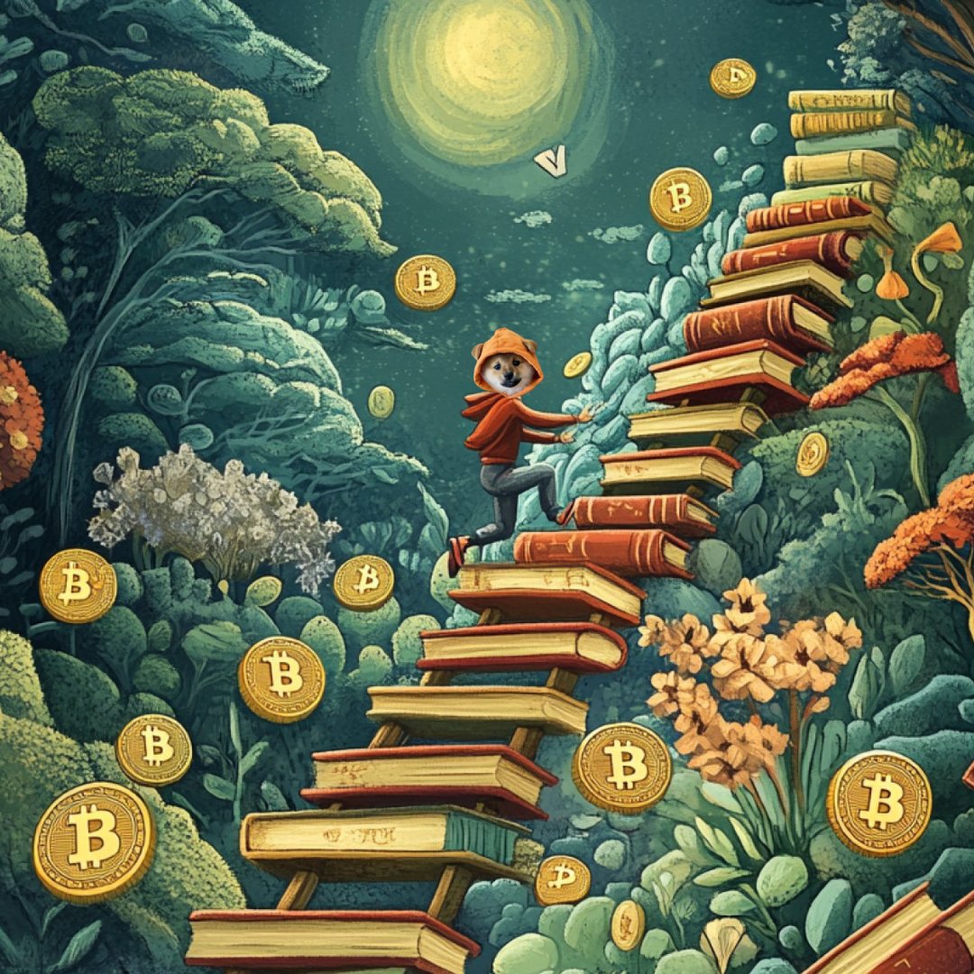$DOG climbs a staircase of Bitcoin wisdom, flipping fiat fairytales page by page. Every step is a block, every book is hard-coded truth—only Bitcoin, only forward.