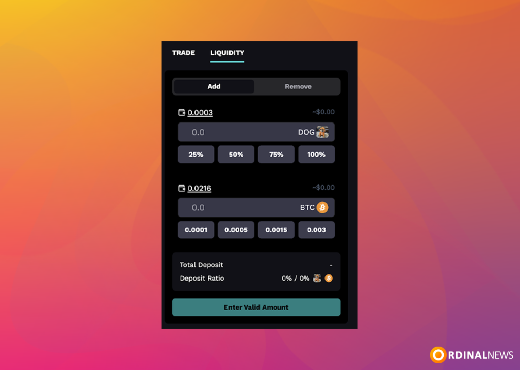 Enter the amount of tokens or BTC you want to add as liquidity