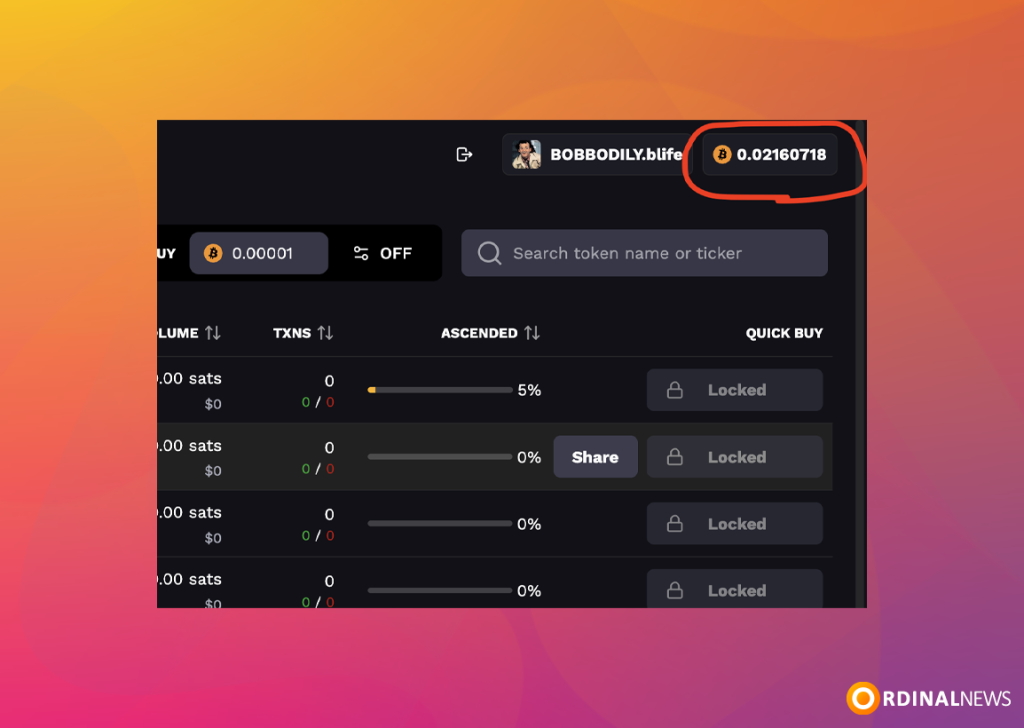 To deposit Runes on ODIN.FUN, start by clicking your Bitcoin balance located in the top right corner.