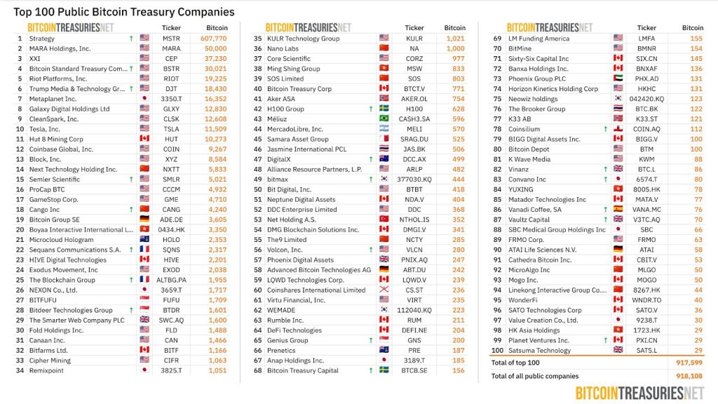 The top 100 publicly traded Bitcoin holders. Source: BitcoinTreasuries.NET