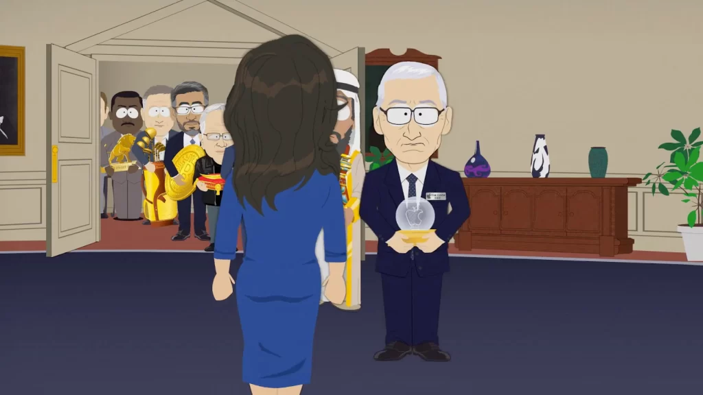 A screenshot of the episode characterizing Microsoft’s Sundar Pichai (third from left) holding a Bitcoin and Apple’s Tim Cook (center). Source: South Park/Paramount