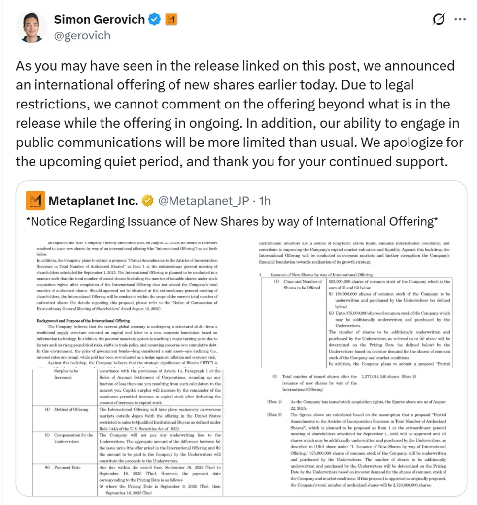 Metaplanet CEO announces new share offering. Source: Simon Gerovich