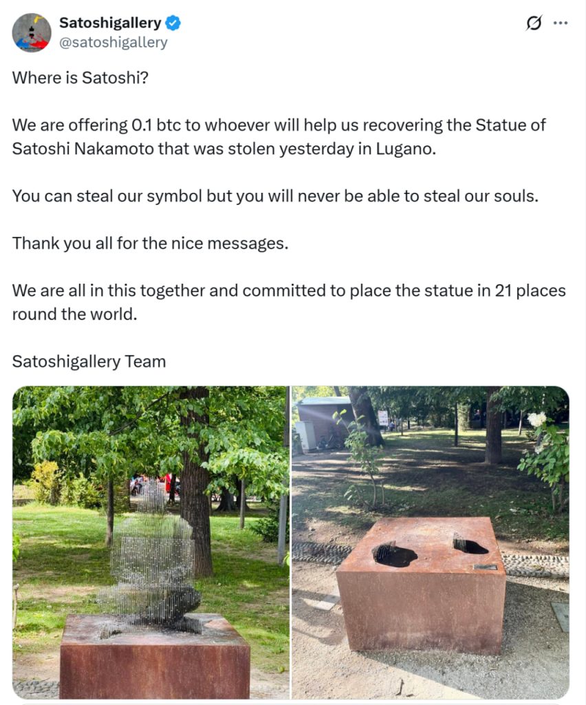Satoshi statue stolen. Source: Satoshigallery