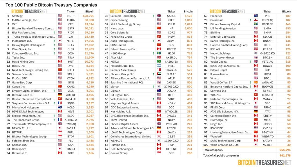 The top 100 public Bitcoin treasury companies. Source: BitcoinTreasuries.NET