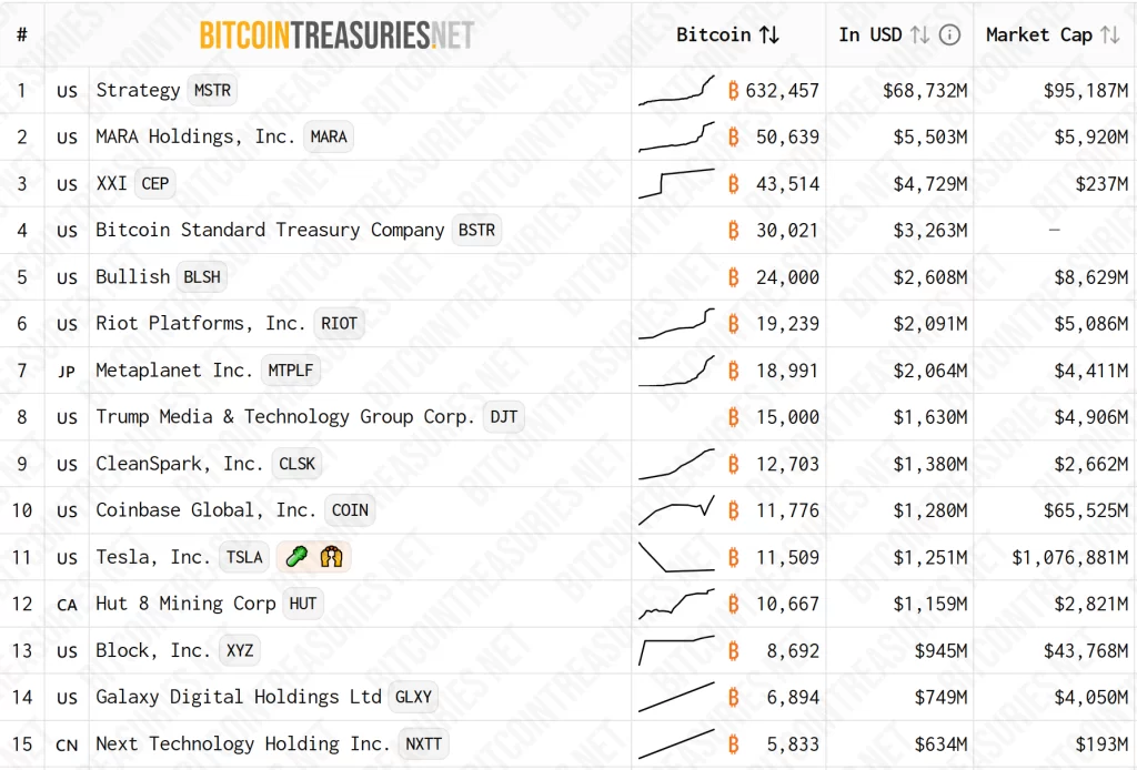 Top 15 Bitcoin treasury companies. Source: BitcoinTreasuries.NET