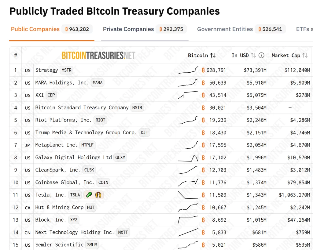 Top 15 Bitcoin treasury firms. Source: BitcoinTreasuries.Net
